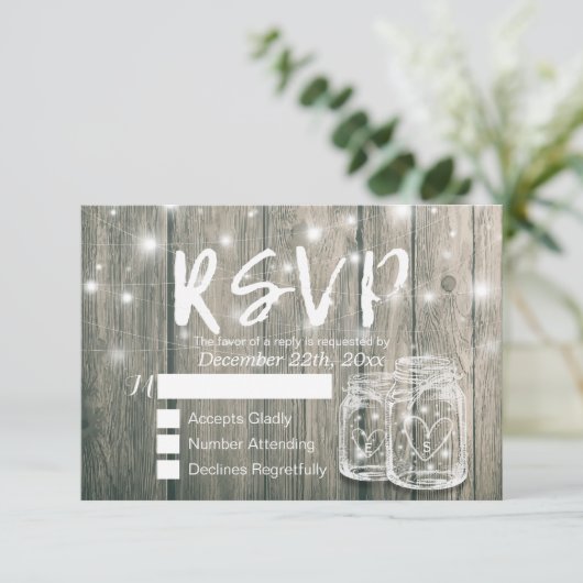 Rustic Wood & Mason Jar String Lights Wedding RSVP (Staand voorkant)