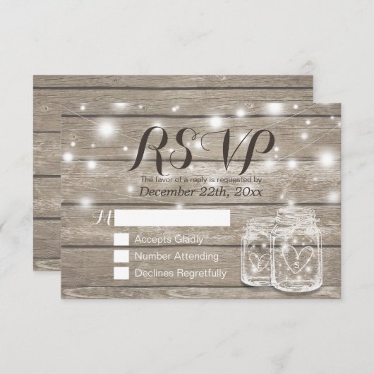 Rustic Wood & Mason Jar String Lights Wedding RSVP (Voorkant / Achterkant)