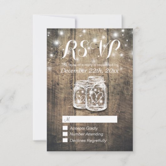 Rustic Wood & Mason Jar String Lights Wedding RSVP (Voorkant)