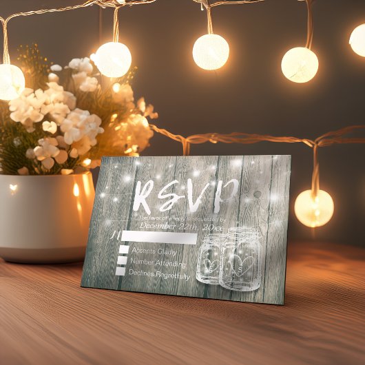 Rustic Wood & Mason Jar String Lights Wedding RSVP Kaartje