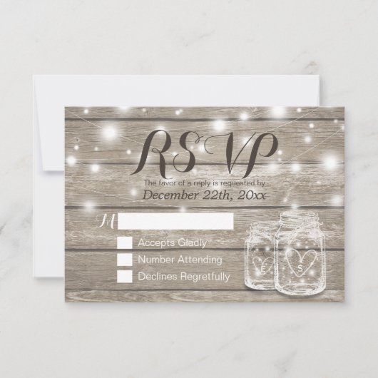 Rustic Wood & Mason Jar String Lights Wedding RSVP Kaartje (Voorkant)