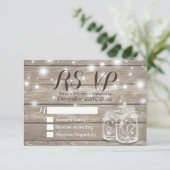 Rustic Wood & Mason Jar String Lights Wedding RSVP Kaartje (Staand voorkant)