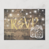 Rustic Wood & Mason Jar String Lights Wedding RSVP Uitnodiging Briefkaart (Voorkant)
