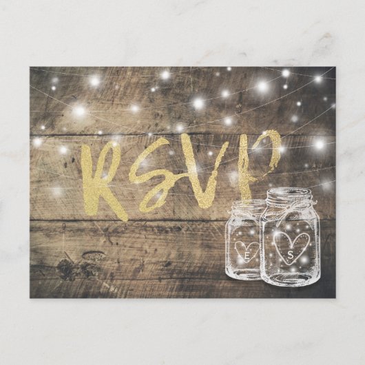 Rustic Wood & Mason Jar String Lights Wedding RSVP Uitnodiging Briefkaart (Voorkant)