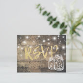 Rustic Wood & Mason Jar String Lights Wedding RSVP Uitnodiging Briefkaart (Staand voorkant)