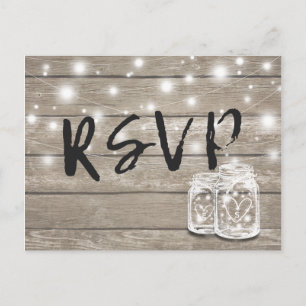 Rustic Wood & Mason Jar String Lights Wedding RSVP Uitnodiging Briefkaart