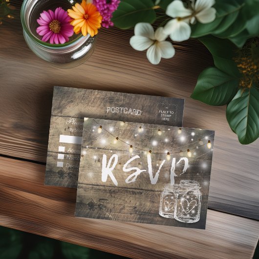 Rustic Wood & Mason Jar String Lights Wedding RSVP Uitnodiging Briefkaart