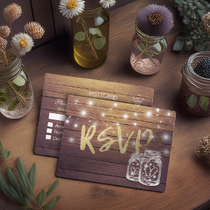 Rustic Wood & Mason Jar String Lights Wedding RSVP Uitnodiging Briefkaart