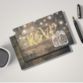 Rustic Wood & Mason Jar String Lights Wedding RSVP Uitnodiging Briefkaart