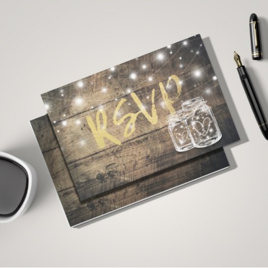 Rustic Wood & Mason Jar String Lights Wedding RSVP Uitnodiging Briefkaart