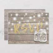 Rustic Wood & Mason Jar String Lights Wedding RSVP Uitnodiging Briefkaart (Voorkant / Achterkant)