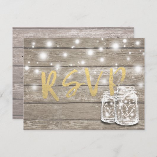 Rustic Wood & Mason Jar String Lights Wedding RSVP Uitnodiging Briefkaart (Voorkant / Achterkant)