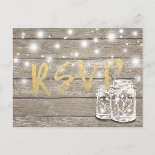 Rustic Wood & Mason Jar String Lights Wedding RSVP Uitnodiging Briefkaart (Voorkant)