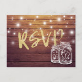 Rustic Wood & Mason Jar String Lights Wedding RSVP Uitnodiging Briefkaart (Voorkant)