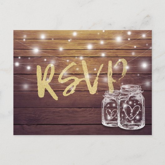Rustic Wood & Mason Jar String Lights Wedding RSVP Uitnodiging Briefkaart (Voorkant)