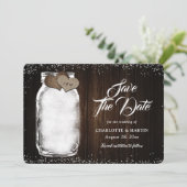 Rustic Wood Mason Jar String Lights Wedding Save The Date (Staand voorkant)
