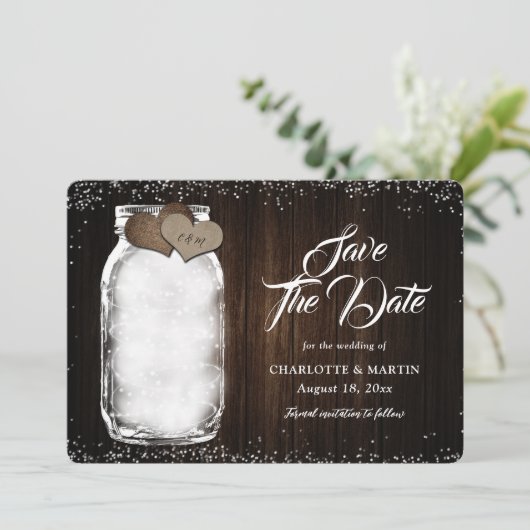 Rustic Wood Mason Jar String Lights Wedding Save The Date (Staand voorkant)