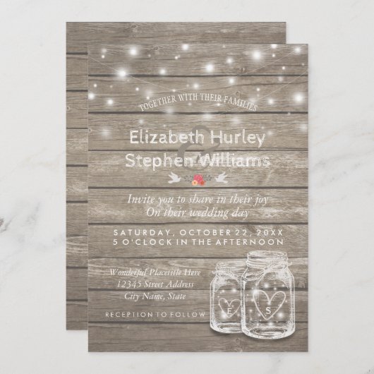 Rustic Wood Mason Jar String Lights Wedding Shower Kaart (Voorkant / Achterkant)
