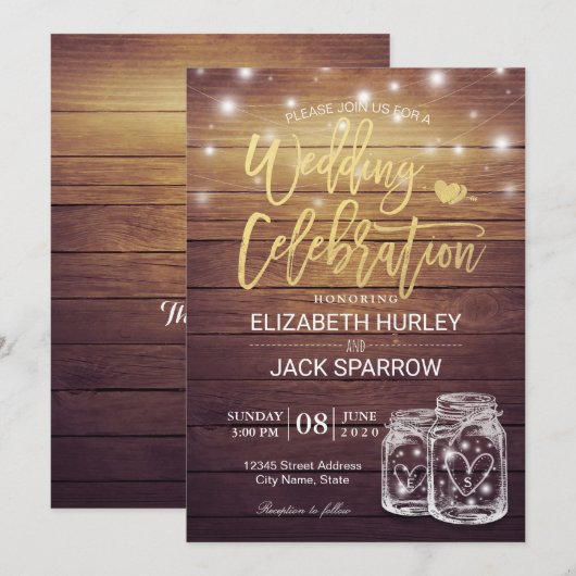 Rustic Wood Mason Jar String Lights Wedding Shower Kaart (Voorkant / Achterkant)