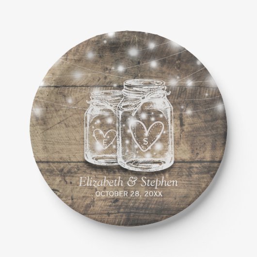 Rustic Wood Mason Jar String Lights Wedding Shower Papieren Bordje (Voorkant)