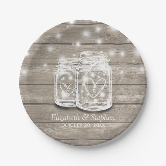 Rustic Wood Mason Jar String Lights Wedding Shower Papieren Bordje (Voorkant)