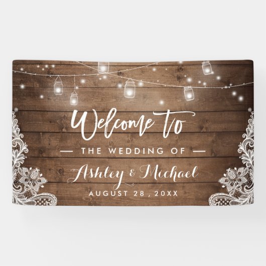 Rustic Wood Mason Jar String Lights Wedding Spandoek (Horizontaal)