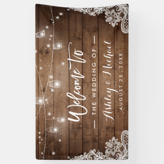 Rustic Wood Mason Jar String Lights Wedding Spandoek (Verticaal)