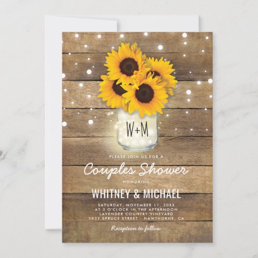 Rustic Wood Mason Jar Sunflower Wedding Kaart (Voorkant)