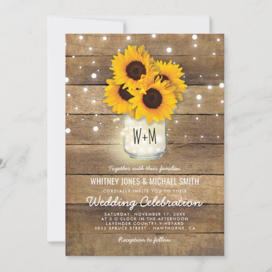 Rustic Wood Mason Jar Sunflower Wedding Kaart (Voorkant)