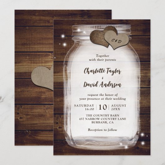 Rustic Wood Mason Jar Wedding Invitations Kaart (Voorkant / Achterkant)