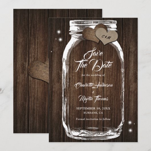 Rustic Wood Mason Jar Wedding Save the Date (Voorkant / Achterkant)