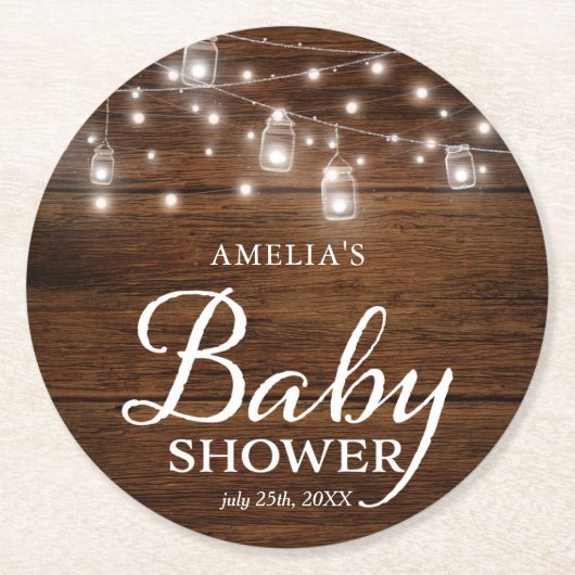 Rustic Wood Mason Jars and Lights Baby shower Ronde Kartonnen Onderzetter (Voorkant)