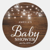 Rustic Wood Mason Jars Lights Baby shower Ronde Sticker (Voorkant)