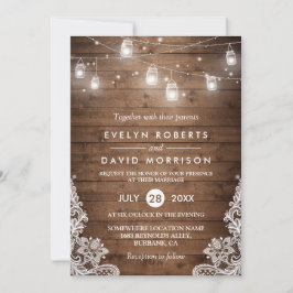 Rustic Wood Mason Jars String Lights Wedding Kaart