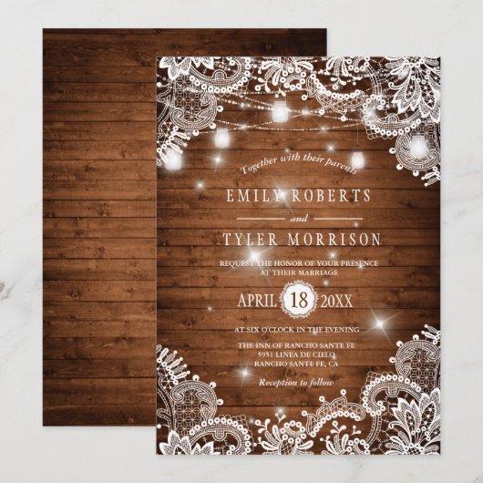 Rustic Wood Mason Jars String Lights Wedding Kaart (Voorkant / Achterkant)