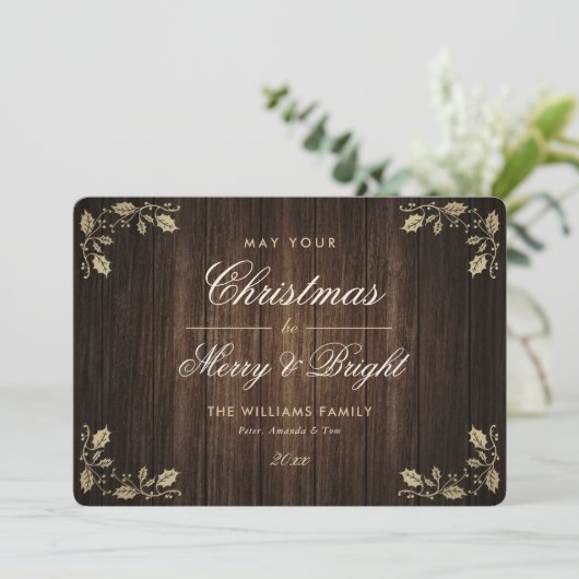 Rustic Wood Merry and Bright Photo Christmas Feestdagenkaart (Staand voorkant)