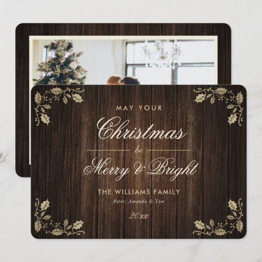 Rustic Wood Merry and Bright Photo Christmas Feestdagenkaart (Voorkant / Achterkant)