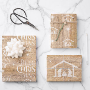Rustic Wood Merry CHRISTmas Geboorte Christelijke  Inpakpapier Vel