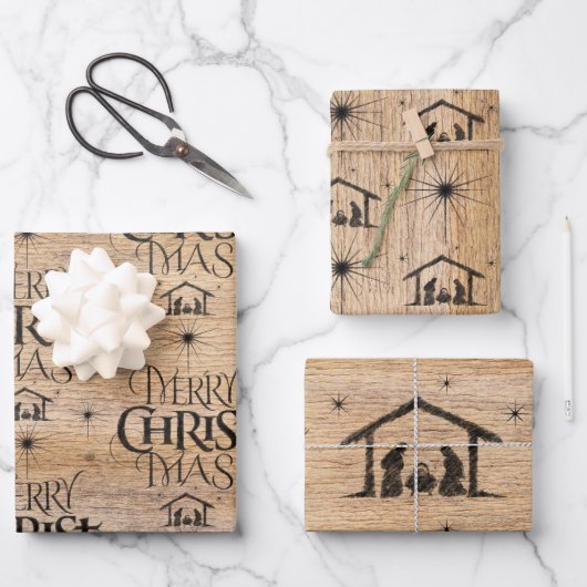 Rustic Wood Merry CHRISTmas Geboorte Christenen Inpakpapier Vel (Voorkant)