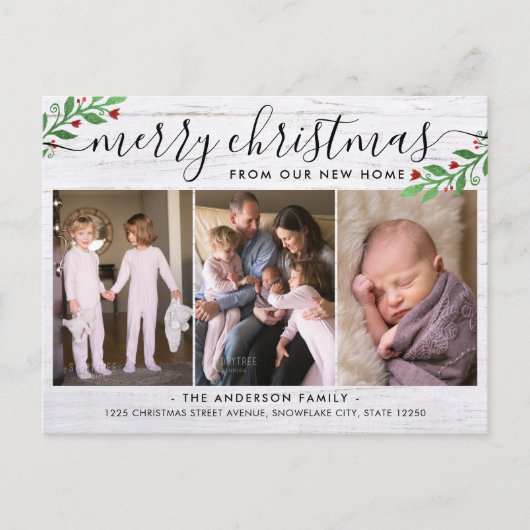 Rustic Wood Merry kerst 3 Fotovakantie Aankondigingskaart (Voorkant)
