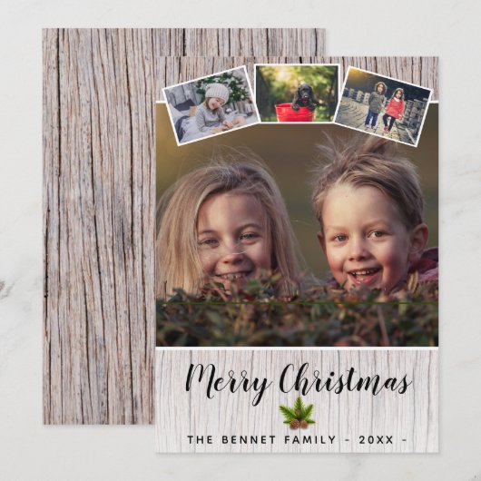 Rustic Wood Merry kerstfamilie 4 Foto Collage Feestdagenkaart (Voorkant / Achterkant)