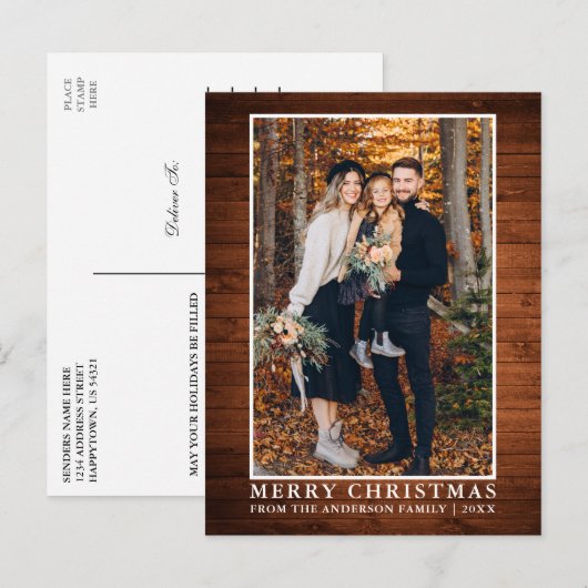 Rustic Wood Merry-kerstfoto Briefkaart (Voorkant / Achterkant)