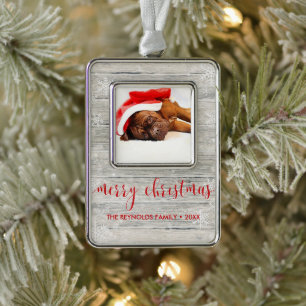 Rustic Wood Merry kerstfoto met decoratie Verzilverd Omlijst Ornament