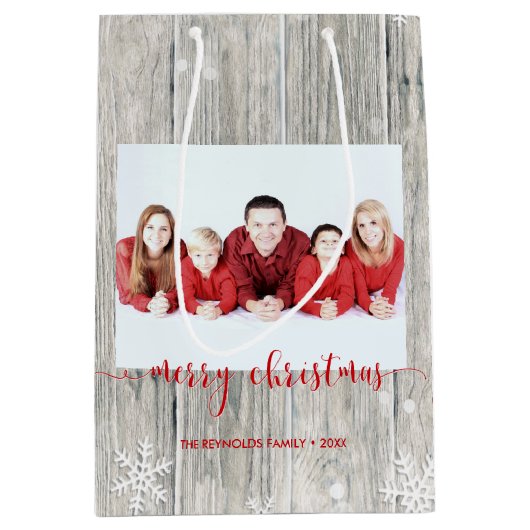 Rustic Wood Merry kerstfoto Middelgrote cadeau Medium Cadeauzakje (Voorkant)