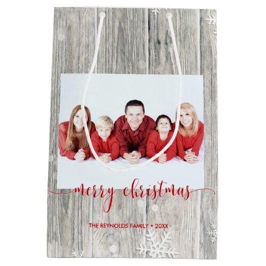 Rustic Wood Merry kerstfoto Middelgrote cadeau Medium Cadeauzakje (Achterkant)