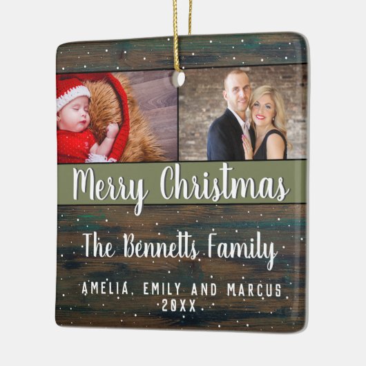 Rustic Wood Merry Kerstmis 2 Foto Holiday Keramisch Ornament (Links)