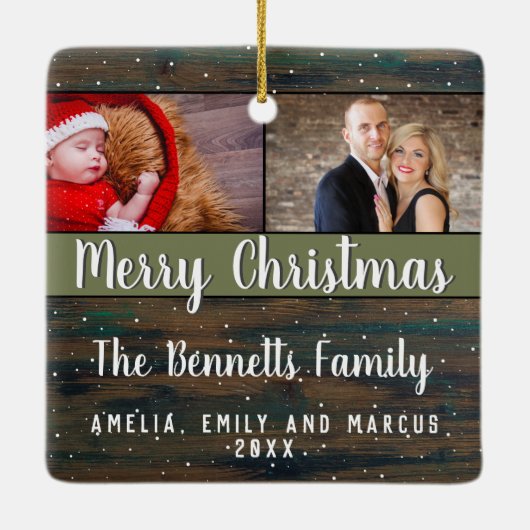 Rustic Wood Merry Kerstmis 2 Foto Holiday Keramisch Ornament (Achterkant)