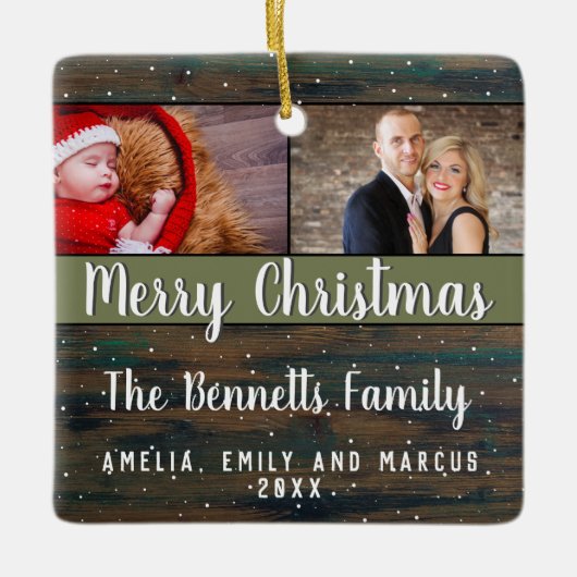 Rustic Wood Merry Kerstmis 2 Foto Holiday Keramisch Ornament (Voorkant)