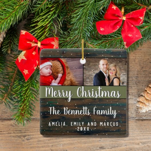 Rustic Wood Merry Kerstmis 2 Foto Holiday Keramisch Ornament