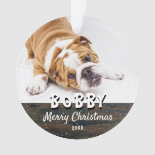 Rustic Wood Merry Kerstmis Dog Puppy Pet Photo Ornament